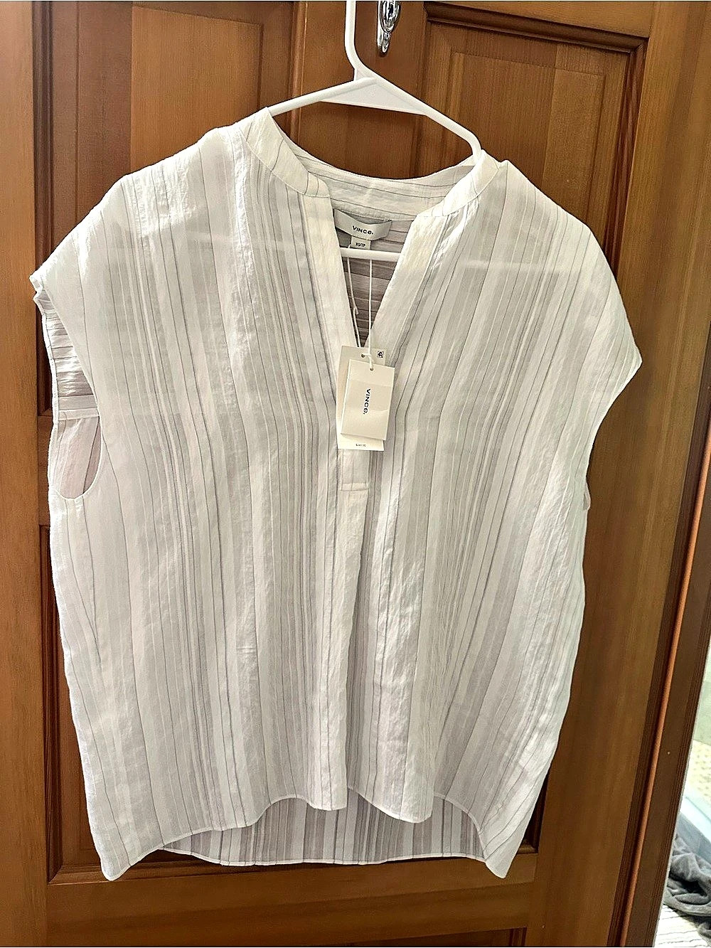 Vince Ticking Stripe Cap-Sleeve Blouse White XS